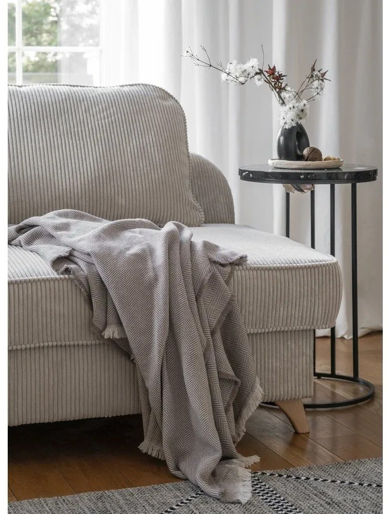 Chaise longue beige (con penisola a sinistra) con rivestimento in velluto a coste Chic Charlotte – Miuform