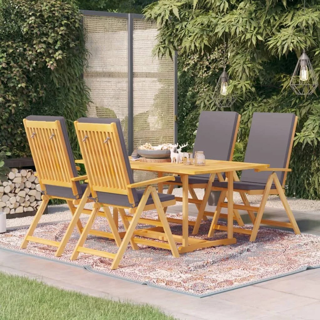 Set da pranzo da giardino 5 pz con cuscini grigi legno di teak