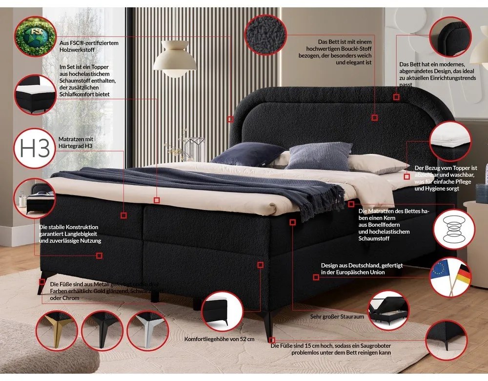 Letto boxspring nero con contenitore 160x200 cm Ornes – Ropez