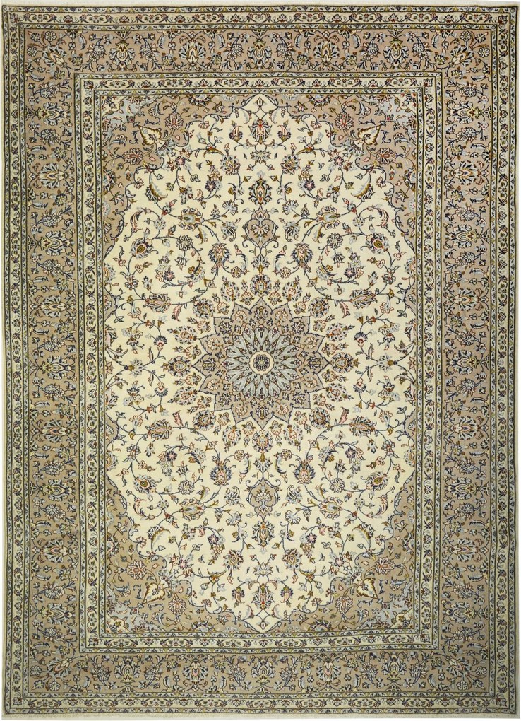 Kashan Tappeto 340x250 Beige (Iran) Annodato A Mano