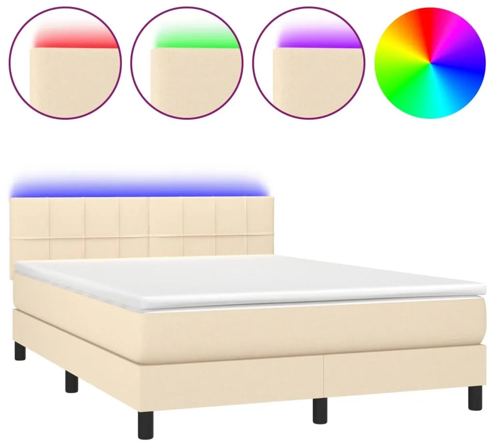 Letto a molle con materasso e led crema 140x200 cm in tessuto