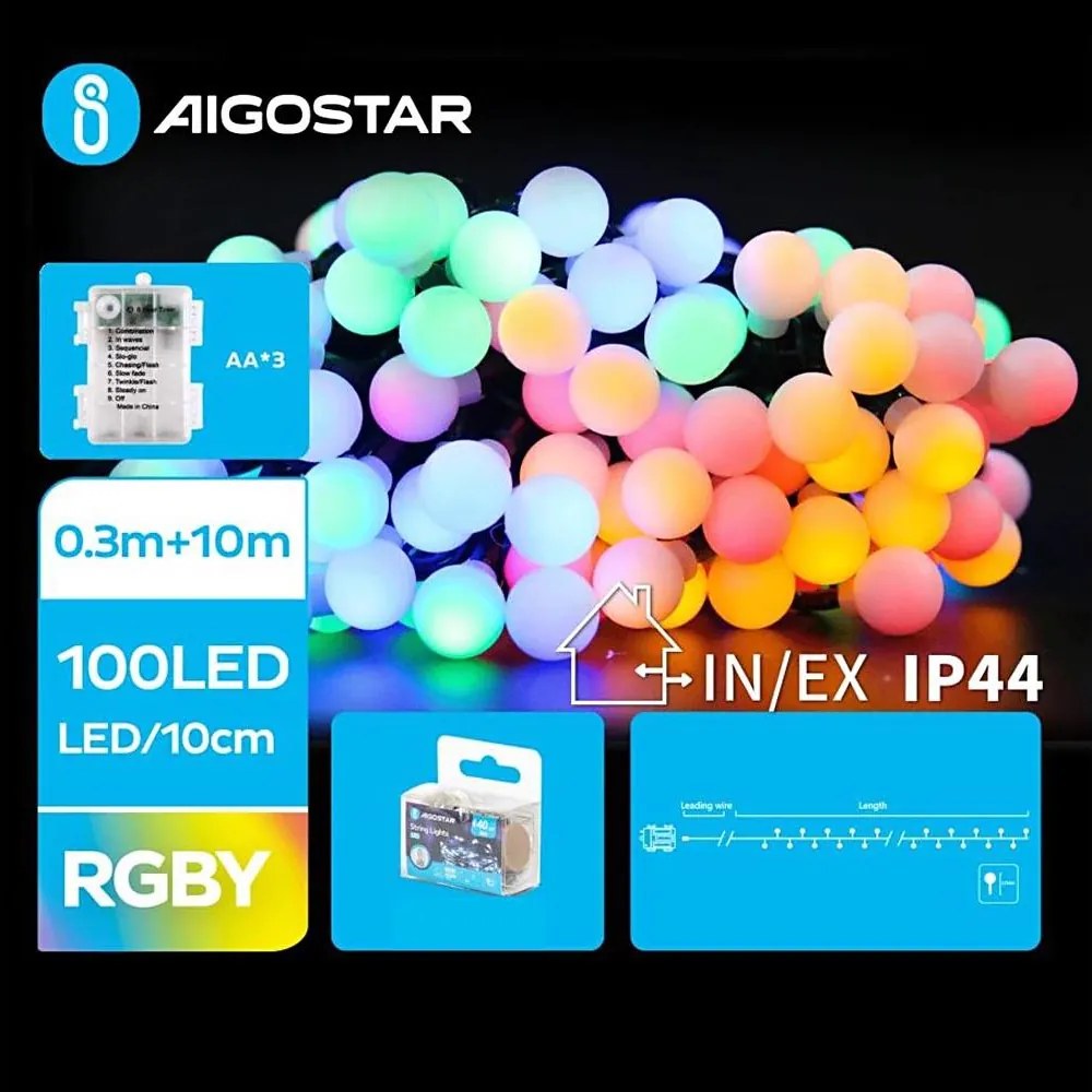 Aigostar - Catena luminosa LED per esterni 100xLED/3xAA/8 funzioni 10,3 m IP44 multicolore