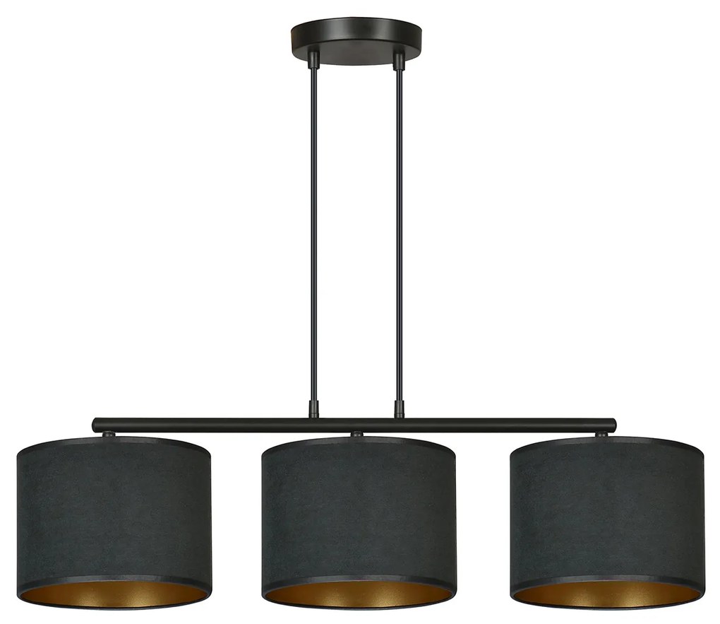 Lampadario 3 Luci Ganesha In Acciaio Nero E Paralumi In Tessuto Nero
