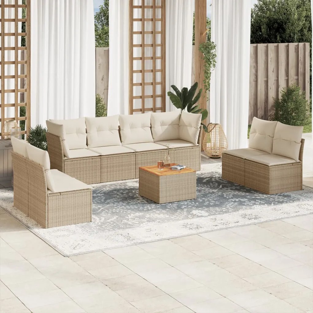 Set divano da giardino 9 pz con cuscini beige in polyrattan