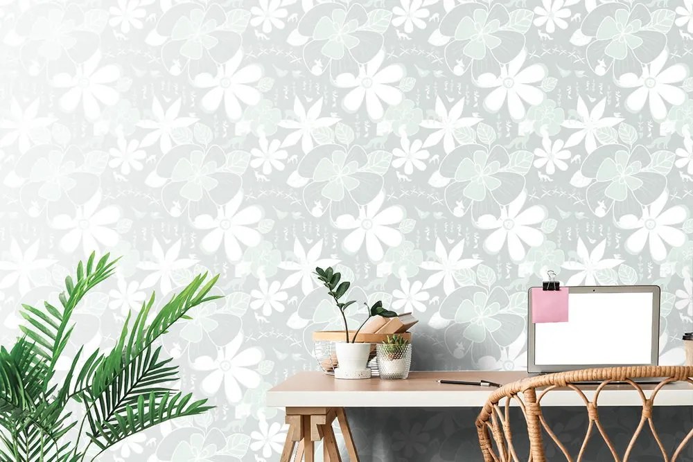 Carta da parati – Animali intorno ai fiori in verde