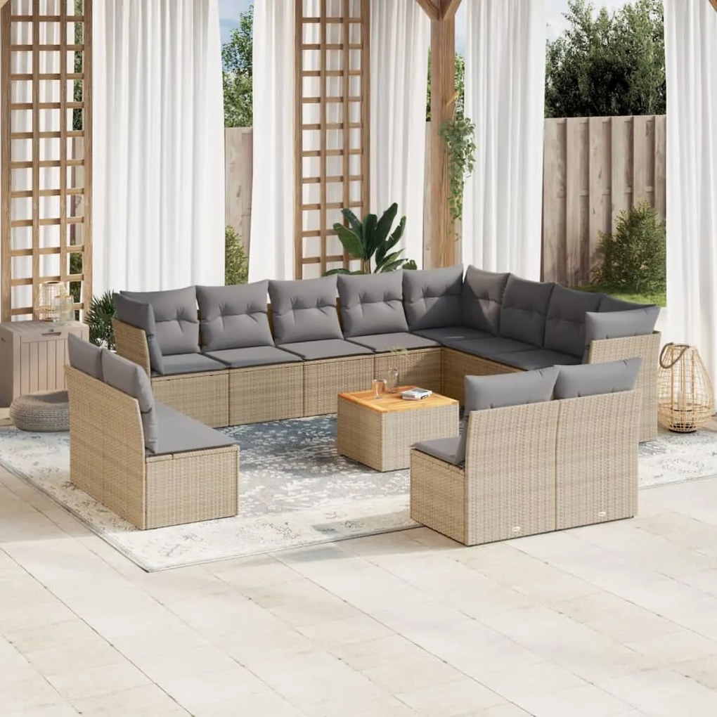 Set divano da giardino 13 pz con cuscini beige in polyrattan
