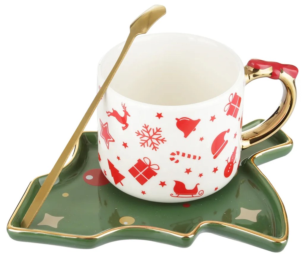 Tazza tè natalizia con piattino albero e cucchiaino