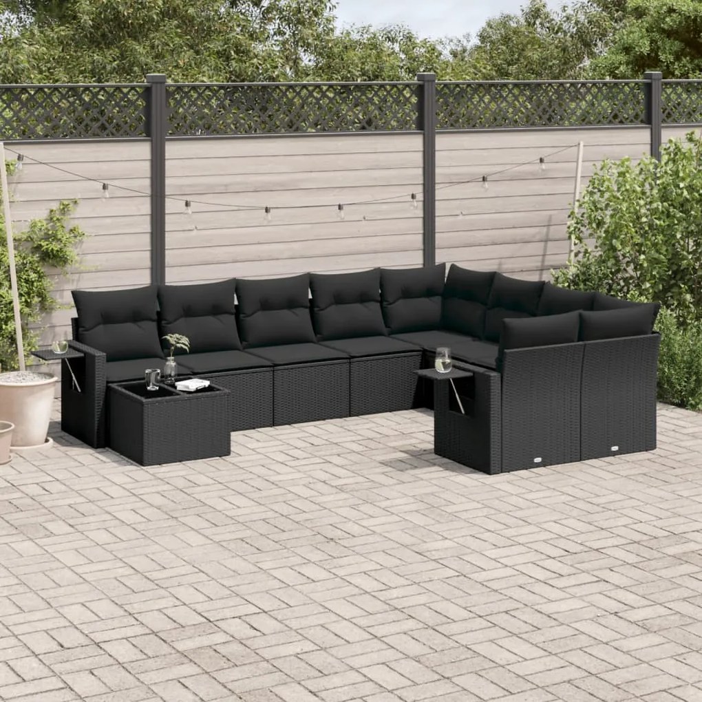 Set Divani da Giardino 10pz con Cuscini in Polyrattan Nero