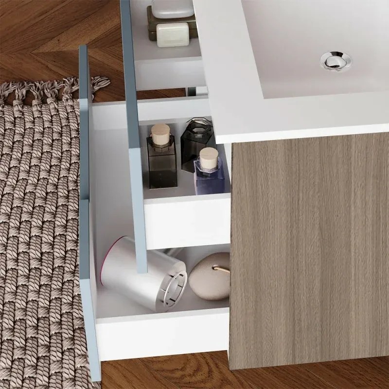 Mobile bagno sospeso 80 rovere fumo e blu pastello con lavabo e specchio Iris