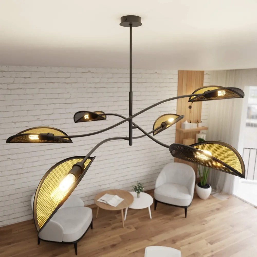 Lampadario a Sospensione in Acciaio e Tessuto LOTUS 6 Nero 6xE14 Colore del corpo Nero e Oro