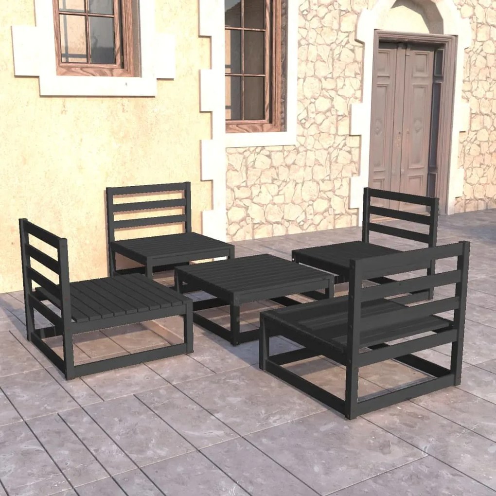 Set divani da giardino 5 pz nero in legno massello di pino