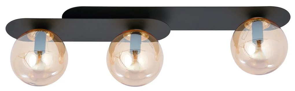 Plafoniera Minimal 3 Luci Teia In Acciaio Nero E Sfere Vetro Ambra