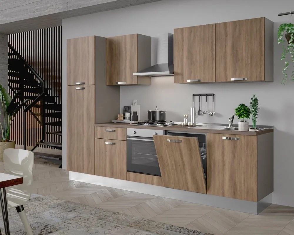 Cucina montata Dora rovere chiaro, lavello a destra, L 300 cm, completa di: cappa a camino, piano cottura a gas, forno, lavastoviglie, frigorifero