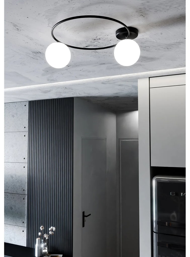 Plafoniera Minimal 2 Luci Perseo In Acciaio Nero E Sfere In Vetro Bianco