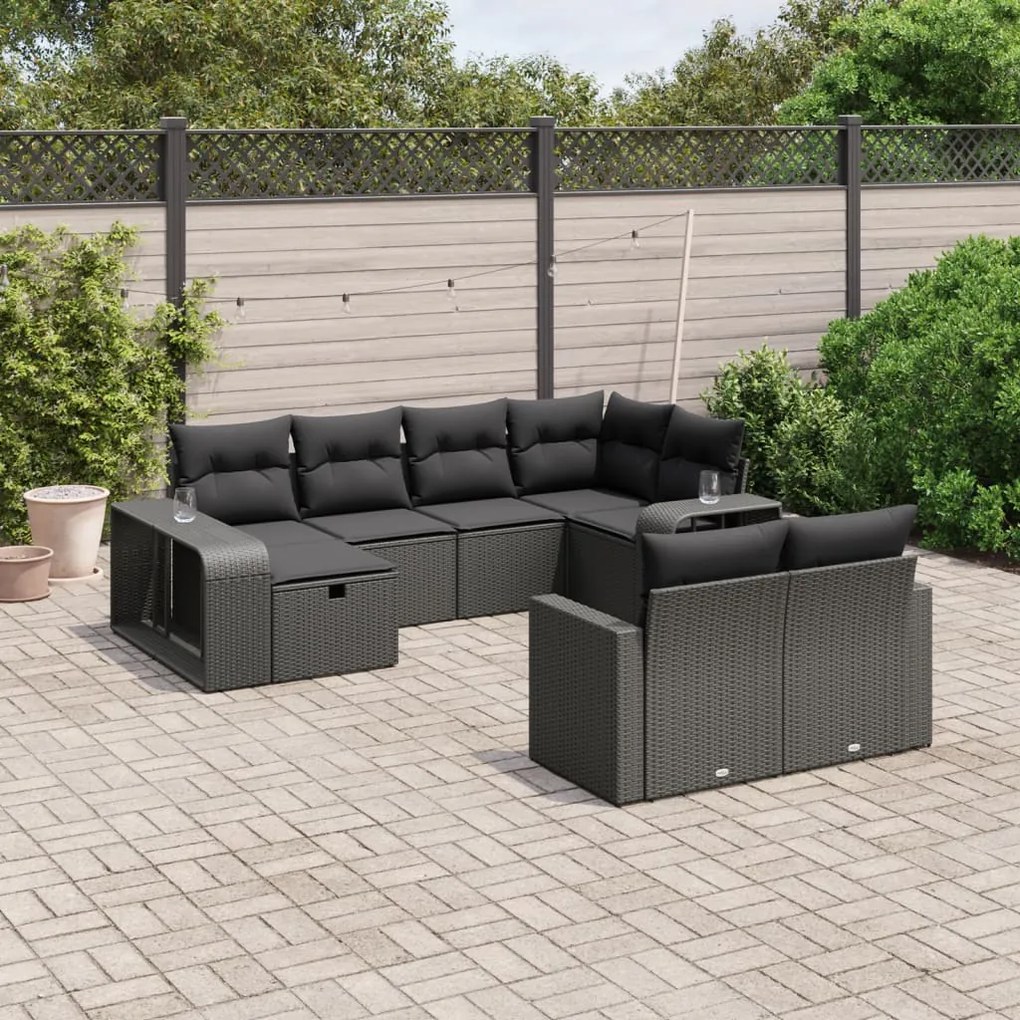 Set divani da giardino 10pz con cuscini in polyrattan nero