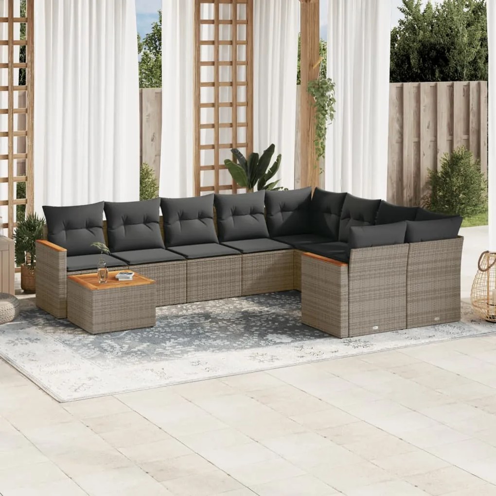 Set Divano da Giardino 10 pz con Cuscini Grigio in Polyrattan