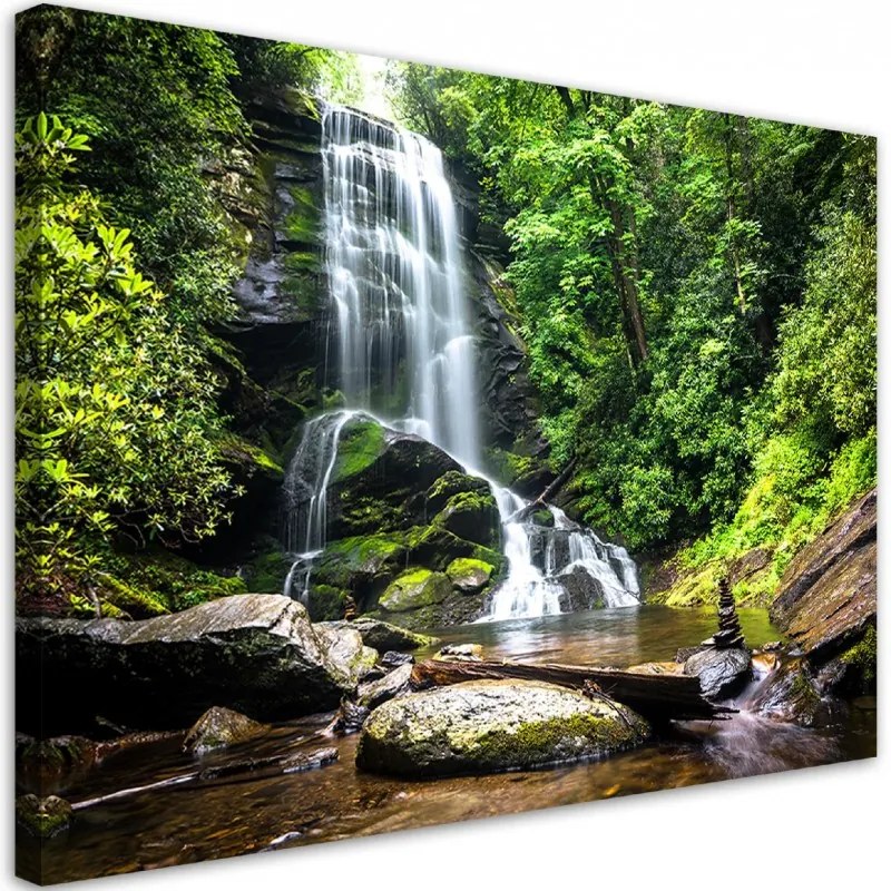 Quadro su tela, Cascata nella foresta verde  Dimensioni 100x70