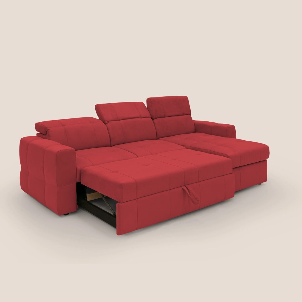Kronos Divano angolare con pouf estraibile e penisola contenitore in microfibra impermeabile T11 rosso