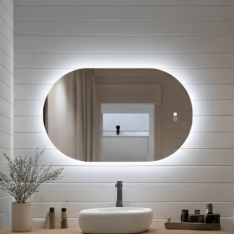 Specchio ovale con illuminazione LED 80x50/50x80 cm, doppio colore, interruttore touch, tappetino riscaldante