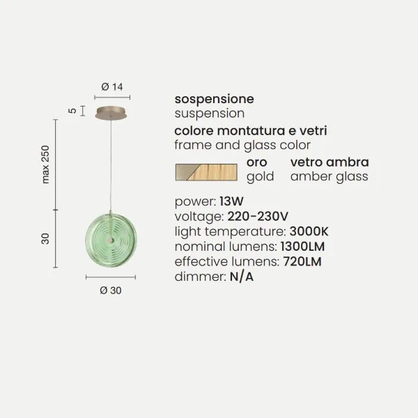 Lampada a sospensione LED JOKEY in metallo e vetro decorato AMBRA 30 cm