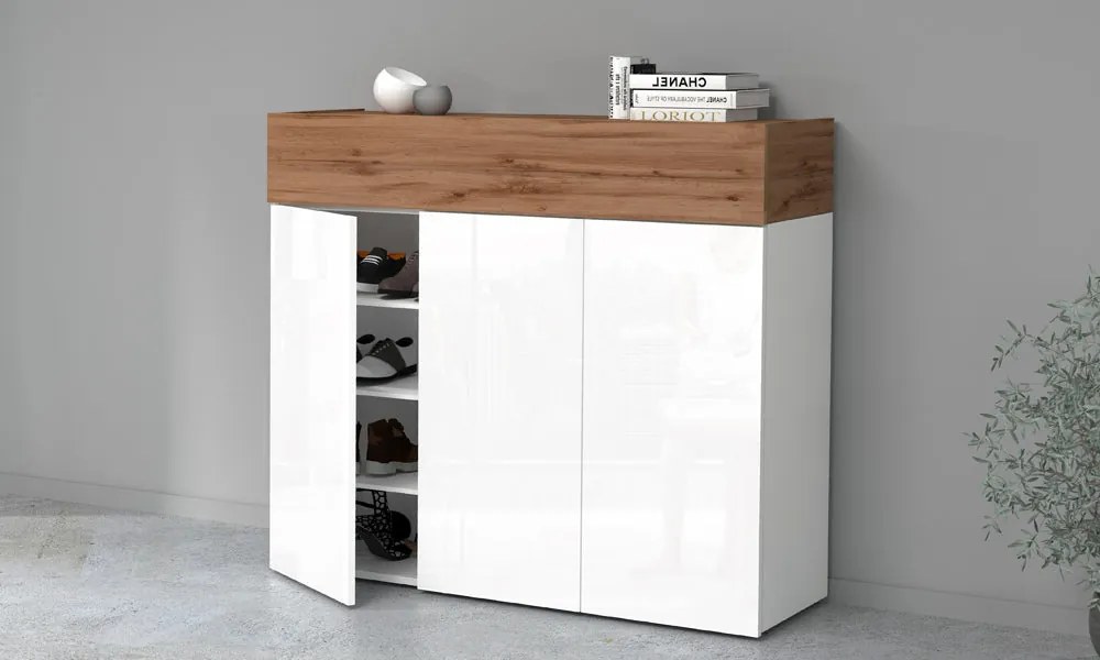 Scarpiera SAVONA 3 Ante e Ribalta - Bianco Lucido/Rovere Wotan, Moderna e Capiente