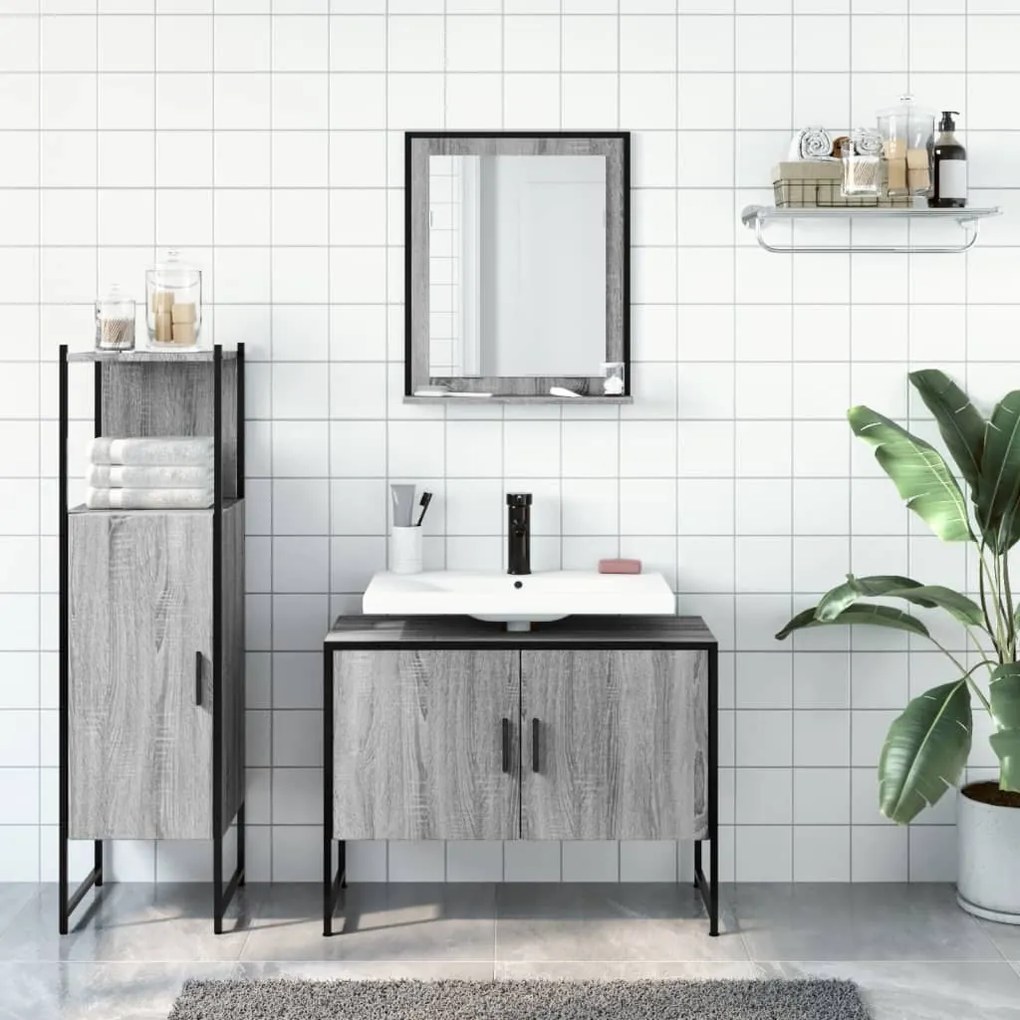 Set mobili da bagno 3 pz grigio sonoma in legno multistrato