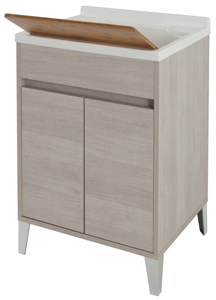 Lavatoio a Terra 60x50 Due Ante Con Vasca Sifone e Tavoletta In Legno Feridras "Lavanderia" Rovere Chiaro