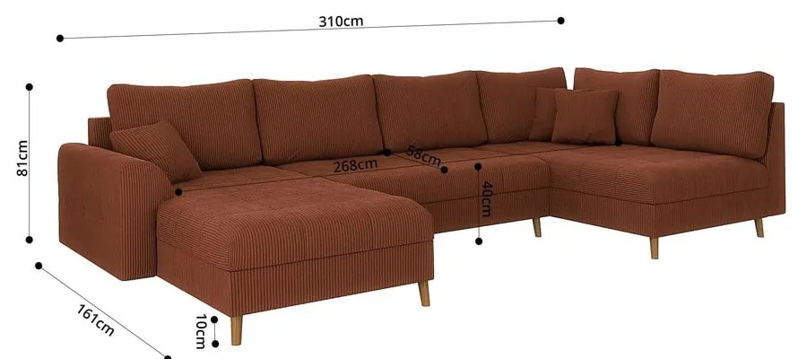 Divano angolare color mattone (con penisola a sinistra) con rivestimento in velluto a coste Ariella – Ropez