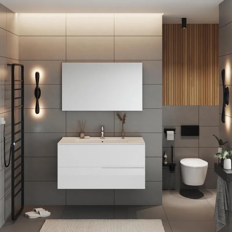 Composizione Eva 100 cm bianco con due cassetti, lavabo in ceramica, specchiera e lampada LED
