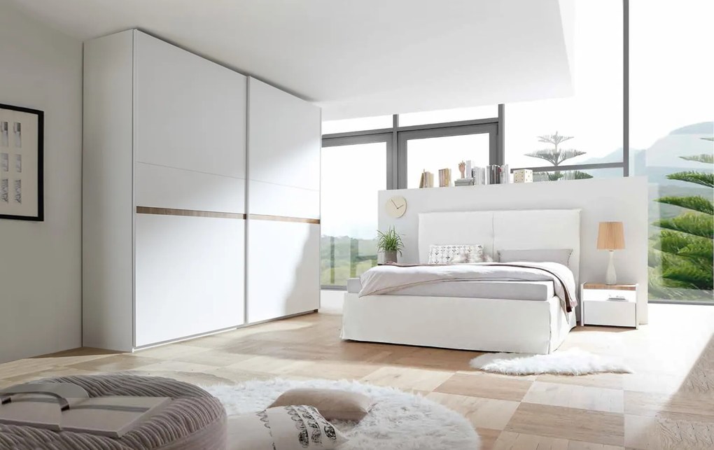 Camere matrimoniale Bianca Opaco e Noce Stelvio con letto ecopelle bianco e armadio H.248