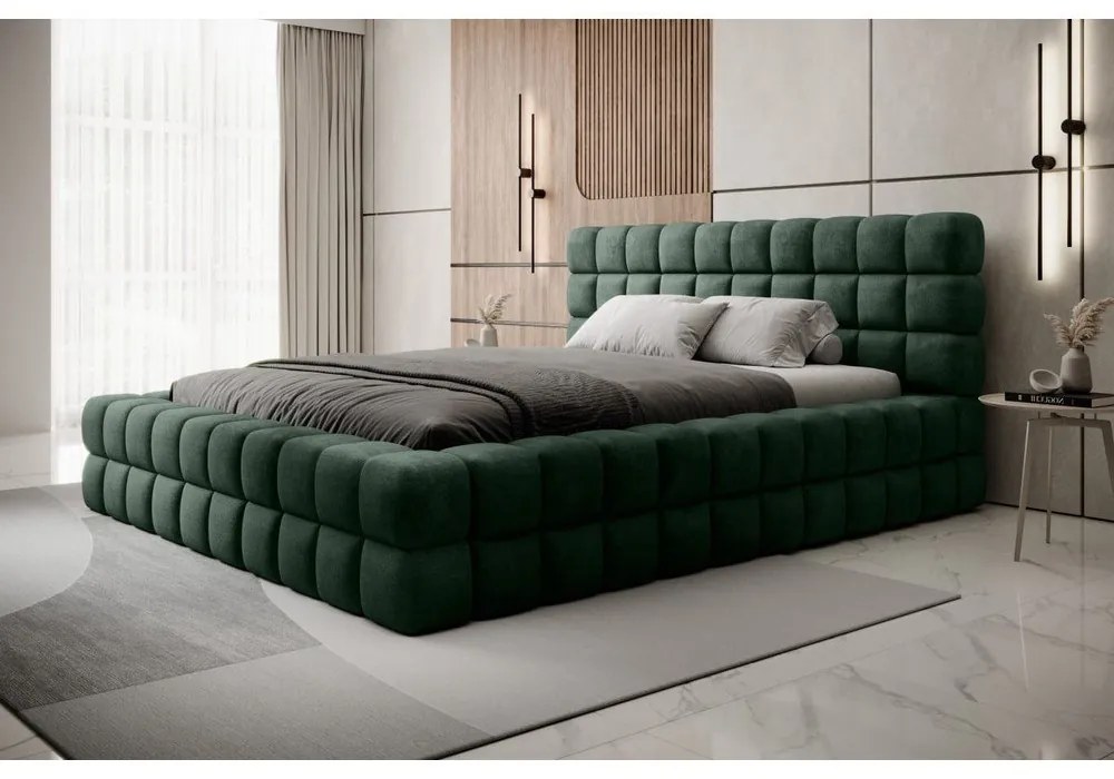 Letto matrimoniale imbottito verde scuro con contenitore e rete inclusi 160x200 cm Dizzle – ELTAP