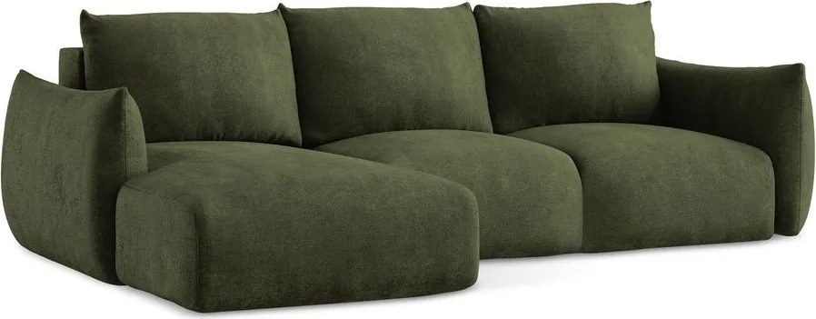 Divano angolare verde allungabile (con penisola a sinistra/con chaise lounge) con rivestimento in ciniglia Leila – Makamii