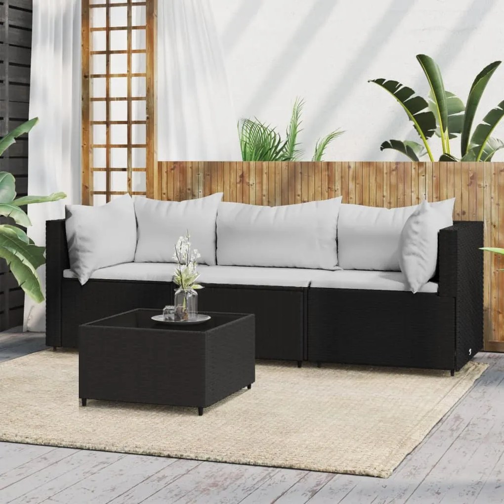 Set divani da giardino 4 pz con cuscini nero in polyrattan