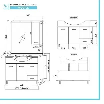 Mobile da Terra 105 cm in rovere bianco completo di specchio con pensile e LED