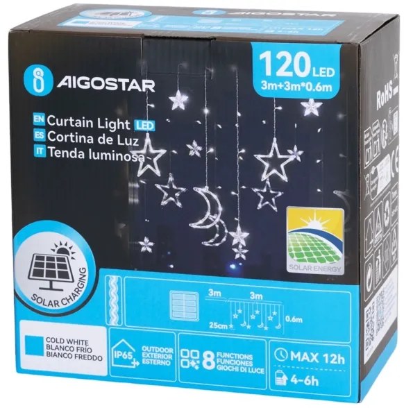 Aigostar - Catena natalizia solare a LED 120xLED/8 funzioni 3x0,6m 500 mAh IP65 bianco freddo