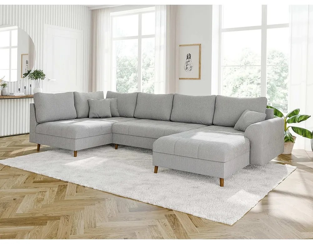 Divano angolare in velluto a coste grigio chiaro (angolo destro/U) Ariella - Ropez