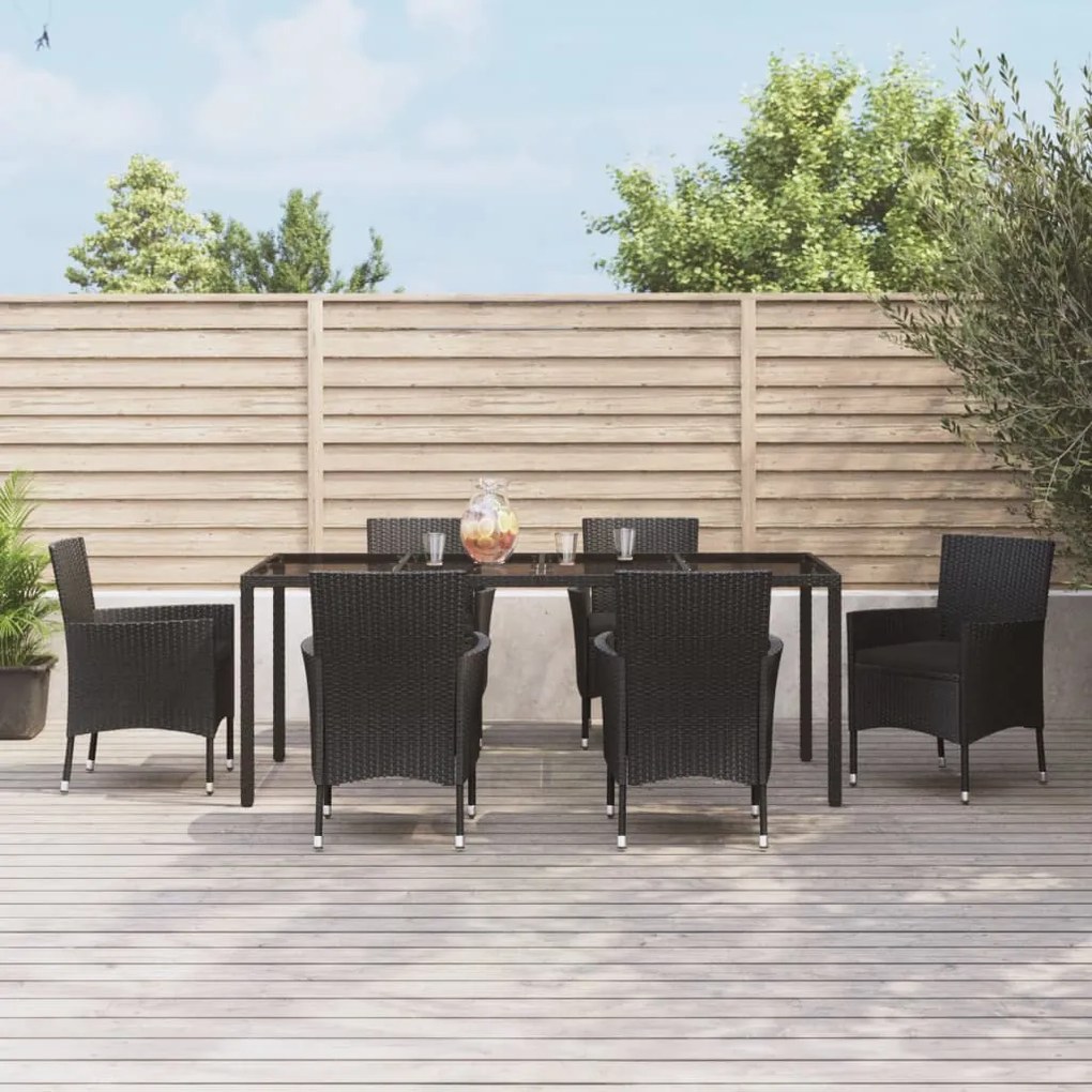 Set da pranzo da giardino 7 pz nero con cuscini in polyrattan