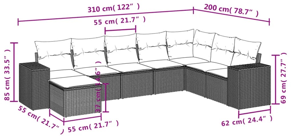 Set divano da giardino 8 pz con cuscini beige in polyrattan