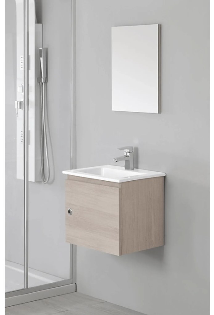 Mobile Bagno Sospeso 50 Cm Un'Anta e Specchio Su Pannello 100x60 Cm Feridras "Si 50" Rovere Chiaro