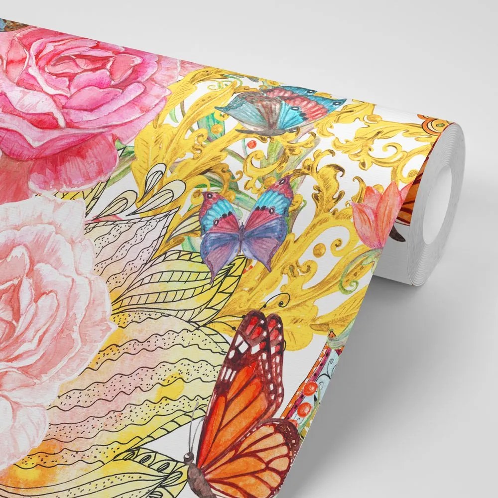 Carta da parati – Uccellino vintage con fiori