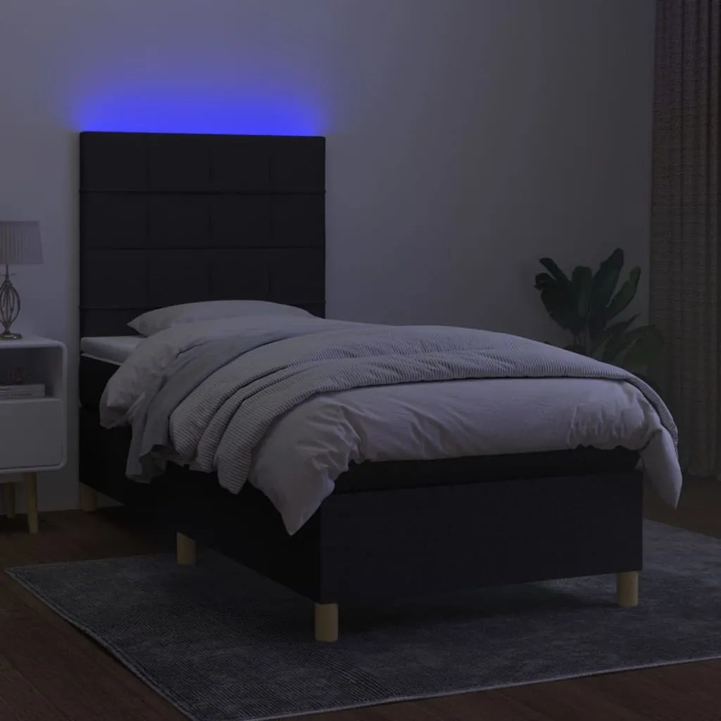 Letto a molle con materasso e led nero 90x190 cm in tessuto