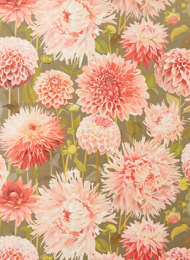 Harlequin Carta da parati Dahlia - Coral/ Fig Leaf/ Gilver