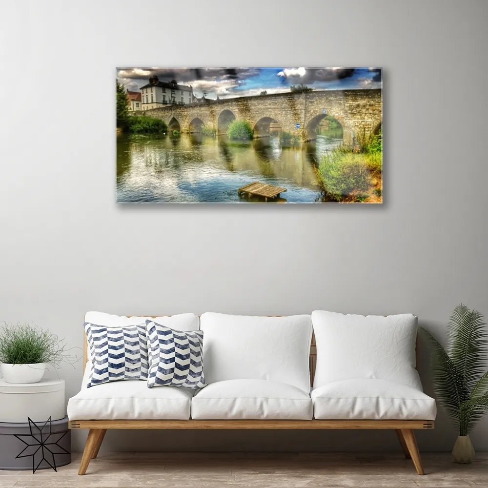 Quadro su vetro acrilico Architettura del fiume del ponte 100x50 cm