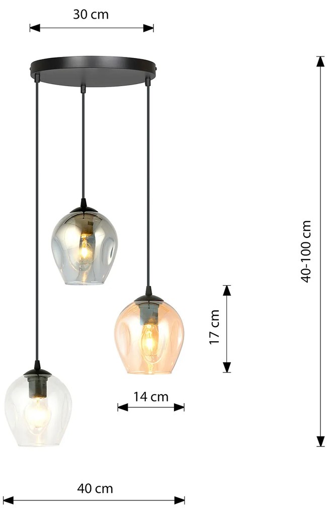 Lampadario 3 Luci Fuxi Base Tonda Acciaio Nero E Vetri Ambra Trasparente E Fumè