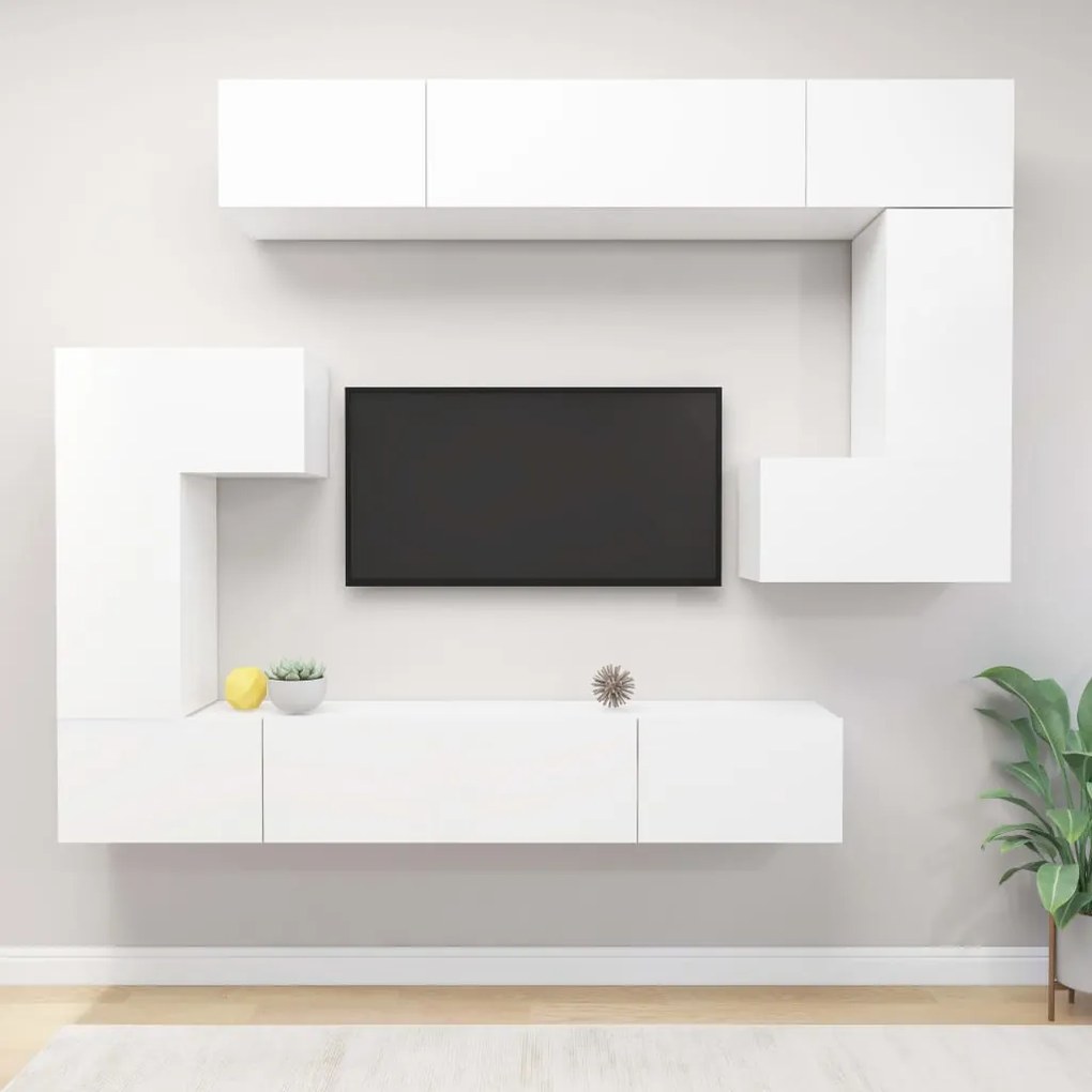 Set Mobili Porta Tv 8pz Bianco İn Legno Multistrato /