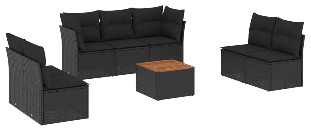 Set divani da giardino con cuscini 8 pz nero in polyrattan