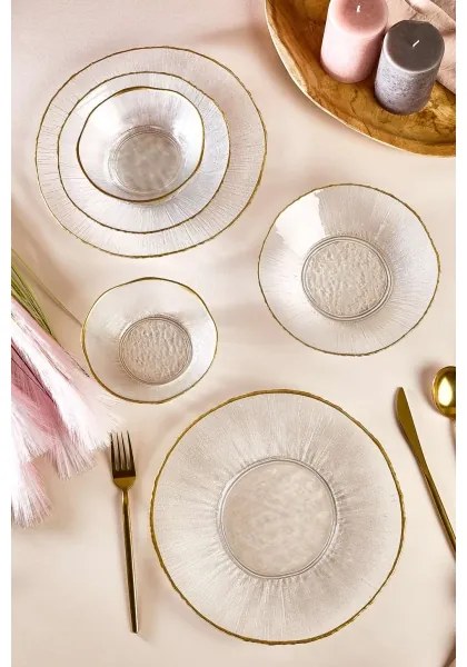 Set da tavola 18 pezzi in vetro trasparente con finiture dorate