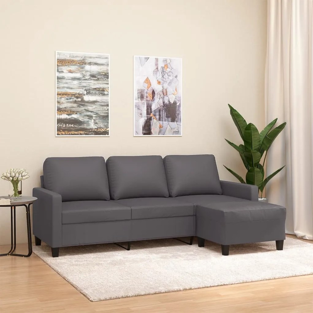 Divano A 3 Posti Con Poggiapiedi Grigio 180 Cm İn Similpelle /
