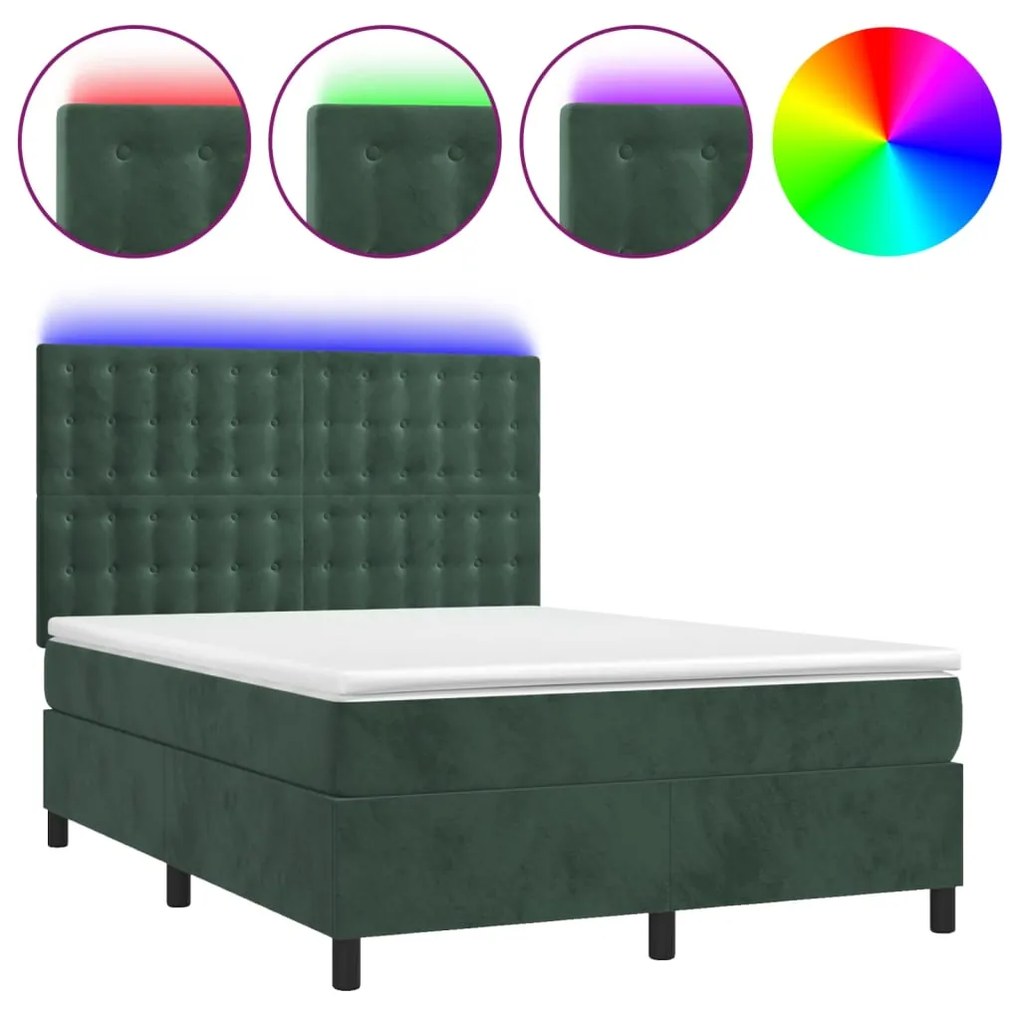 Letto a molle con materasso e led verde scuro 140x190cm velluto