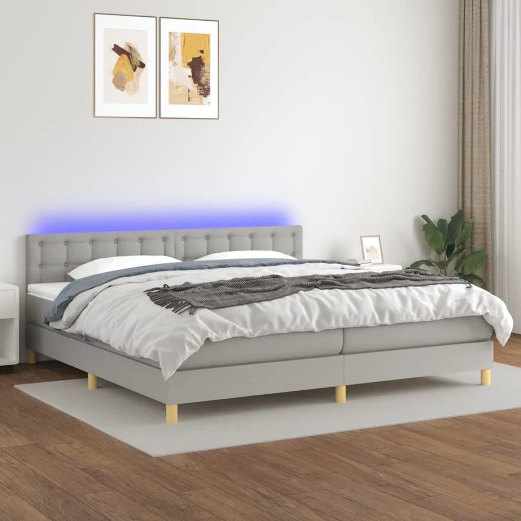 Letto a molle materasso e led grigio chiaro 200x200 cm tessuto